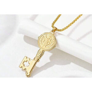 NEW Unisex Gold-Plated Saint Benedict Key Pendant Necklace, 16-18”